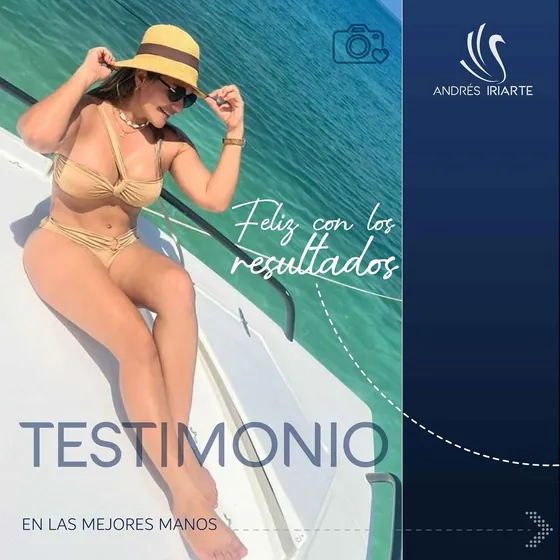 Testimonio de una paciente feliz con sus resultados, fotografiada en un bote